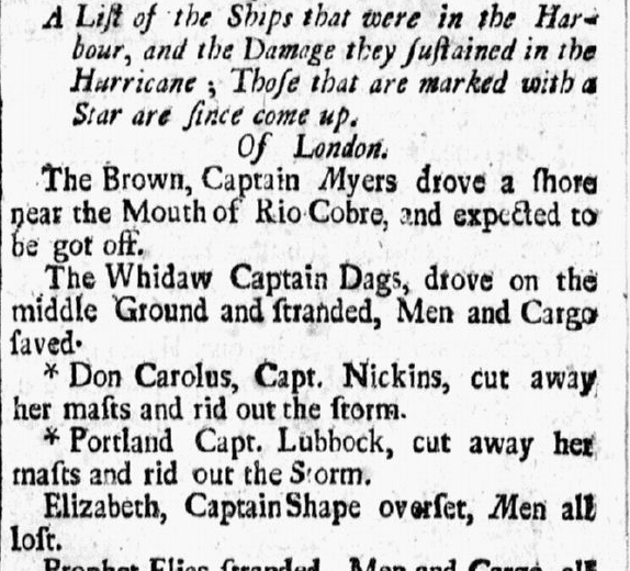 An article about ships damaged in a hurricane, American Weekly Mercury newspaper article 18 December 1722