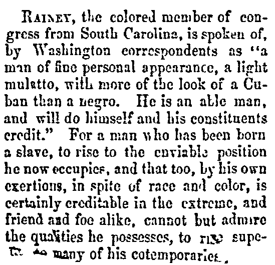 An article about Joseph Hayne Rainey, Annapolis Gazette newspaper article 27 December 1870