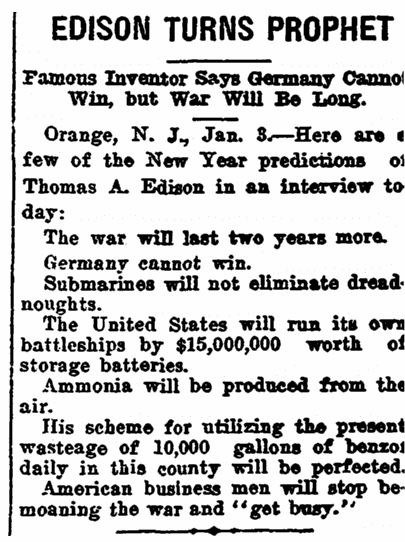 An article about New Year's predictions, Arkansas Gazette newspaper article 4 January 1915