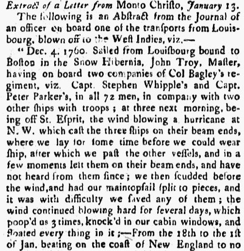 An article about a hurricane, Boston Evening-Post newspaper article 23 February 1761