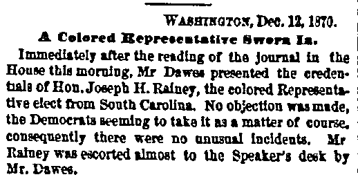 An article about Joseph Hayne Rainey, Boston Journal newspaper article 13 December 1870