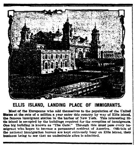 An article about Ellis Island, Bridgeton Evening News newspaper article 23 April 1907