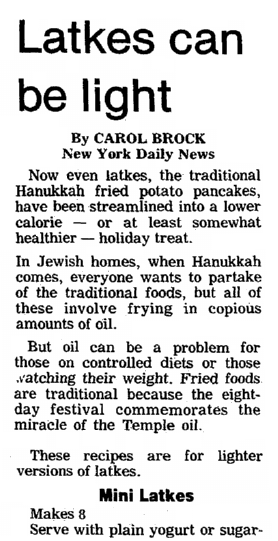 An article about Hanukkah and latkes, Centre Daily Times newspaper article 8 December 1985