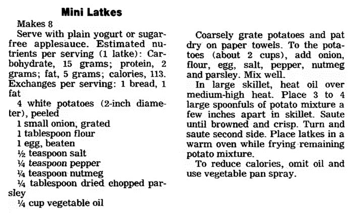 A latke recipe, Centre Daily Times newspaper article 8 December 1985
