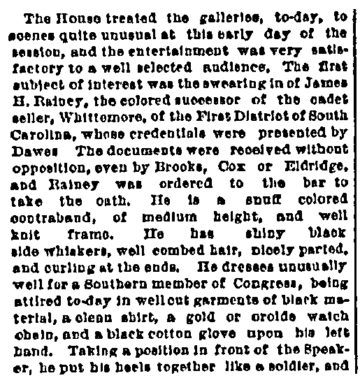 An article about Joseph Hayne Rainey, Cincinnati Commercial Tribune newspaper article 13 December 1870