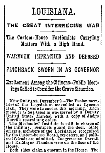 An article about Pinckney Benton Stewart Pinchback becoming the nation's first African American governor, Cincinnati Daily Enquirer newspaper article 10 December 1872