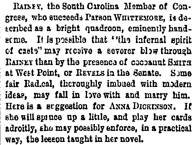 An article about Joseph Hayne Rainey, Cincinnati Daily Enquirer newspaper article 18 December 1870