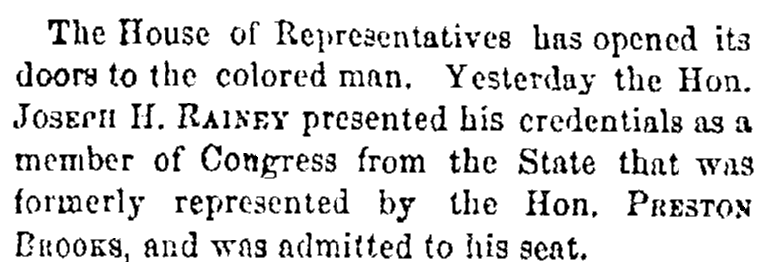 An article about Joseph Hayne Rainey, Cincinnati Daily Gazette newspaper article 13 December 1870