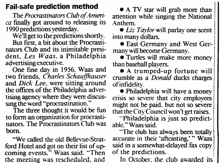 An article about New Year's predictions, Daily Advocate newspaper article 31 December 1990