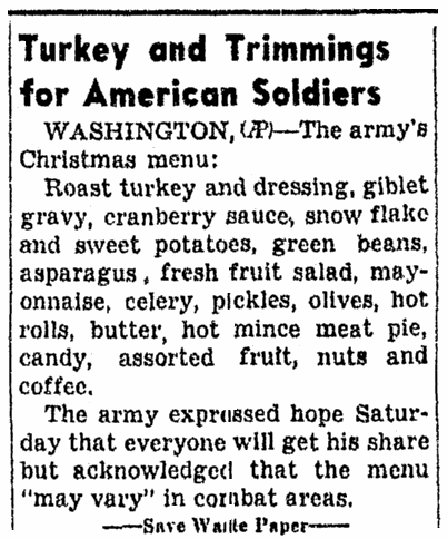 An article about the Christmas menu during WWII, Daily Nonpareil newspaper article 24 December 1944