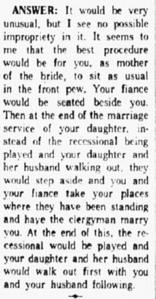 An answer from Emily Post about a double wedding, Dallas Morning News newspaper article 20 August 1959
