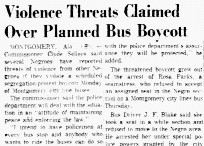 An article about the Montgomery Bus Boycott, Dallas Morning News newspaper article 5 December 195