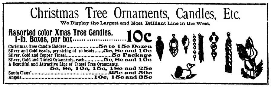 An ad for Christmas tree decorations, Denver Rocky Mountain News newspaper advertisement 15 December 1895