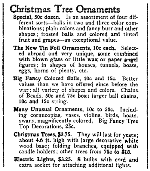 An ad for Christmas tree decorations, Evening Star newspaper advertisement 24 November 1922