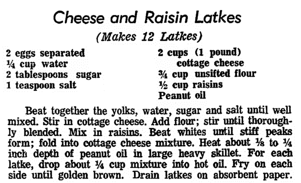 A cheese and raisin latke recipe, Evening Star newspaper article 3 December 1969