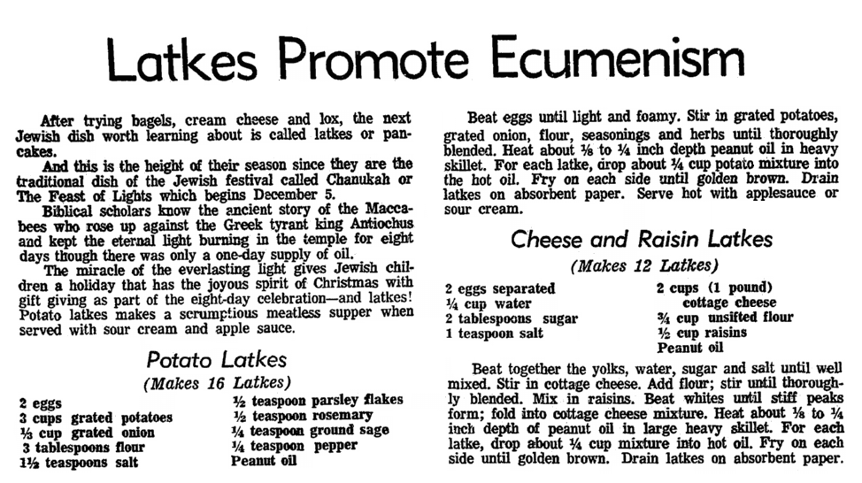 An article about Hanukkah and latkes, Evening Star newspaper article 3 December 1969