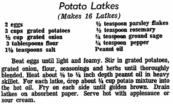 A potato latke recipe, Evening Star newspaper article 3 December 1969