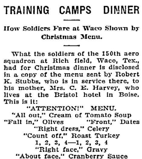 An article about the Christmas menu for soldiers in 1918, Idaho Statesman newspaper article 3 January 1918