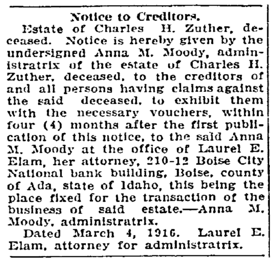 Probate notice for the estate of Charles Zuther, Idaho Statesman newspaper article 26 March 1916