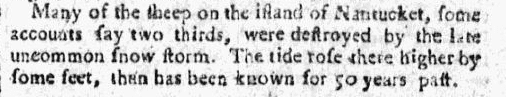 An article about a snowstorm in Nantucket, Massachusetts, Independent Ledger newspaper article 25 January 1779