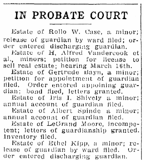 Probate notices, Jackson Citizen Patriot newspaper article 6 March 1914