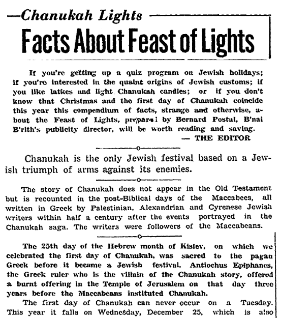 An article about Hanukkah, Jewish Chronicle newspaper article 20 December 1940