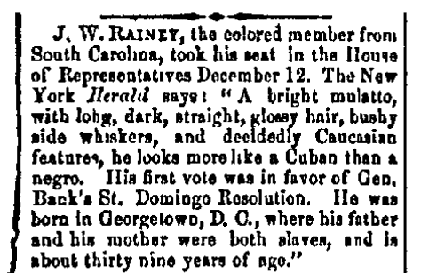 An article about Joseph Hayne Rainey, Morning Republican newspaper article 20 December 1870