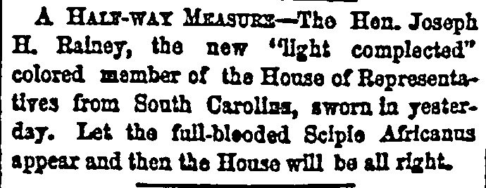 An article about Joseph Hayne Rainey, New York Herald newspaper article 13 December 1870