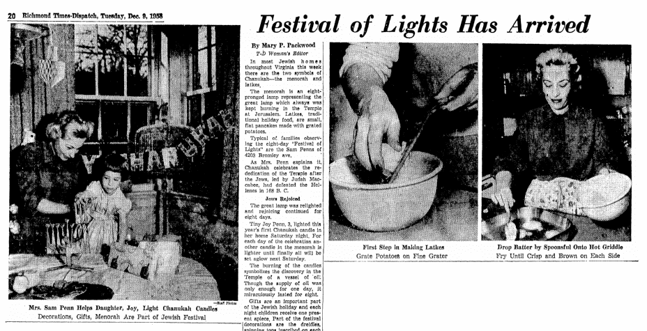 An article about Hanukkah and latkes, Richmond Times Dispatch newspaper article 9 December 1958