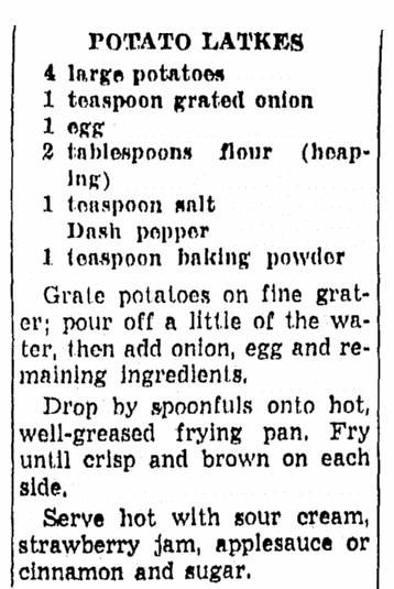 A potato latke recipe, Richmond Times Dispatch newspaper article 9 December 1958
