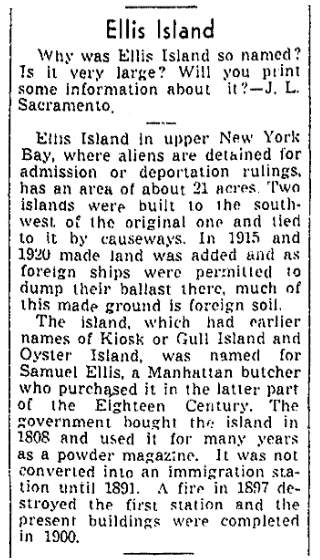 An article about Ellis Island, Sacramento Bee newspaper article 16 July 1943