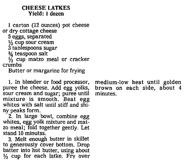 A cheese latke recipe, Seattle Daily Times newspaper article 20 December 1978