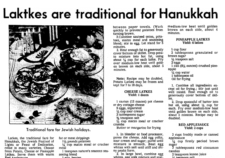 An article about Hanukkah and latkes, Seattle Daily Times newspaper article 20 December 1978