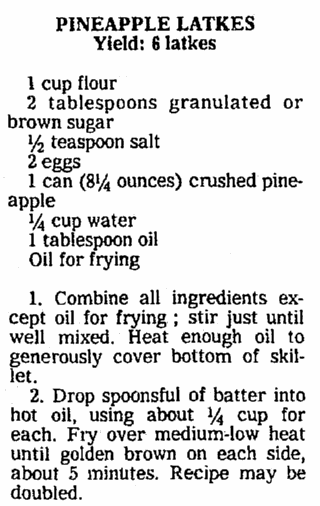 A pineapple latke recipe, Seattle Daily Times newspaper article 20 December 1978