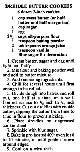 A dreidle butter cookie recipe, St. Albans Daily Messenger newspaper article 7 December 1988