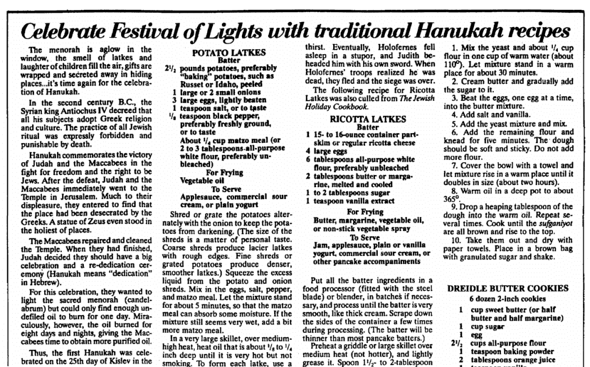 An article about Hanukkah and latkes, St. Albans Daily Messenger newspaper article 7 December 1988