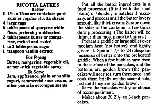 A ricotta latke recipe, St. Albans Daily Messenger newspaper article 7 December 198