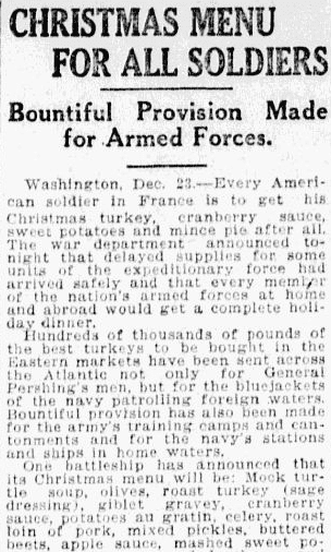 An article about the Christmas menu for soldiers during WWI, State newspaper article 24 December 1917