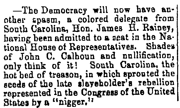 An article about Joseph Hayne Rainey, Wooster Republican newspaper article 29 December 1870