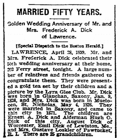 An article about the Dick's 50th wedding anniversary, Boston Herald newspaper article 29 April 1899