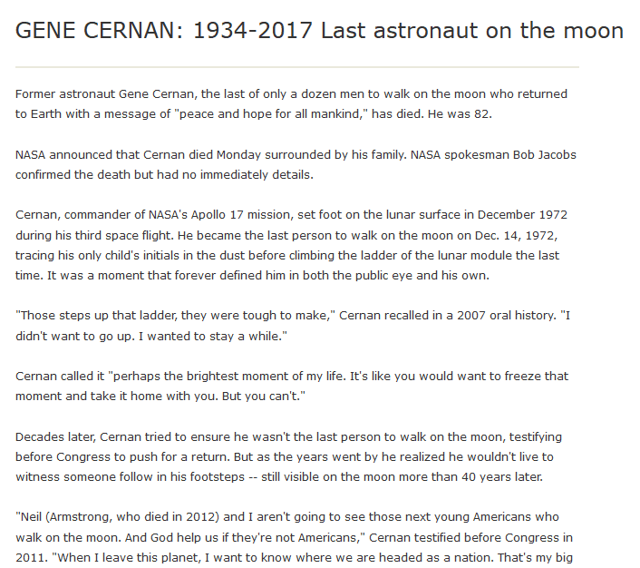An obituary for astronaut Eugene Andrew “Gene” Cernan, Chicago Tribune newspaper article 17 January 2017