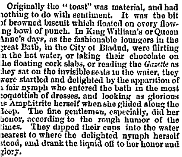 An article about the giving of toasts at gatherings, Commercial Advertiser newspaper article 5 October 1867