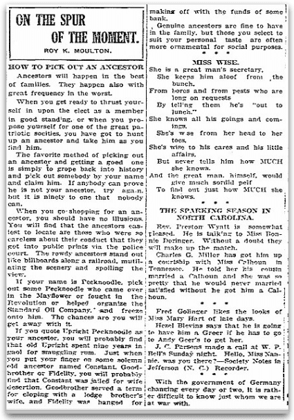 A column by humorist Roy K. Moulton, Daily Register Gazette newspaper article 26 March 1920