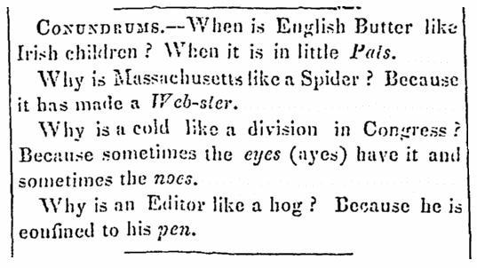 A joke about newspaper editors, Dedham Patriot newspaper article 2 August 1837