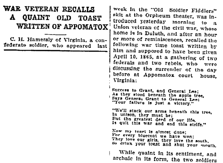 An article about the giving of toasts at gatherings, Duluth News-Tribune newspaper article 25 September 1910