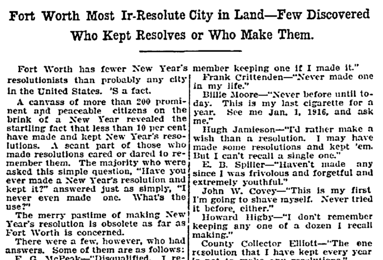 An article about New Year's resolutions, Fort Worth Star-Telegram newspaper article 31 December 1914