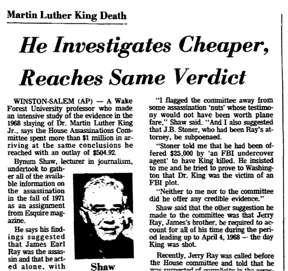 An article about the assassination of Dr. Martin Luther King, Jr., Greensboro Daily News newspaper article 10 December 1978