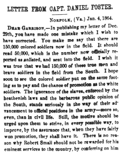 A Civil War letter from Union Captain Daniel Foster, Liberator newspaper article 22 January 1864