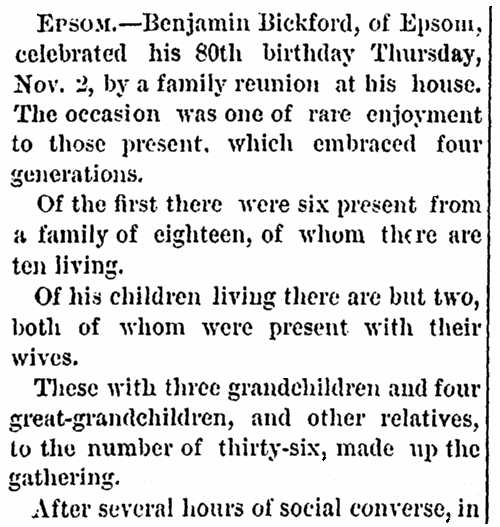 An article about Benjamin Bickford's 80th birthday, Mirror and Farmer newspaper article 11 November 1876