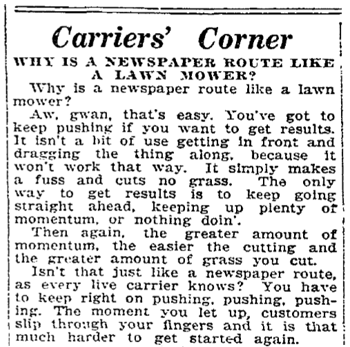 A joke about newspaper routes, Morning Star newspaper article 27 March 1921